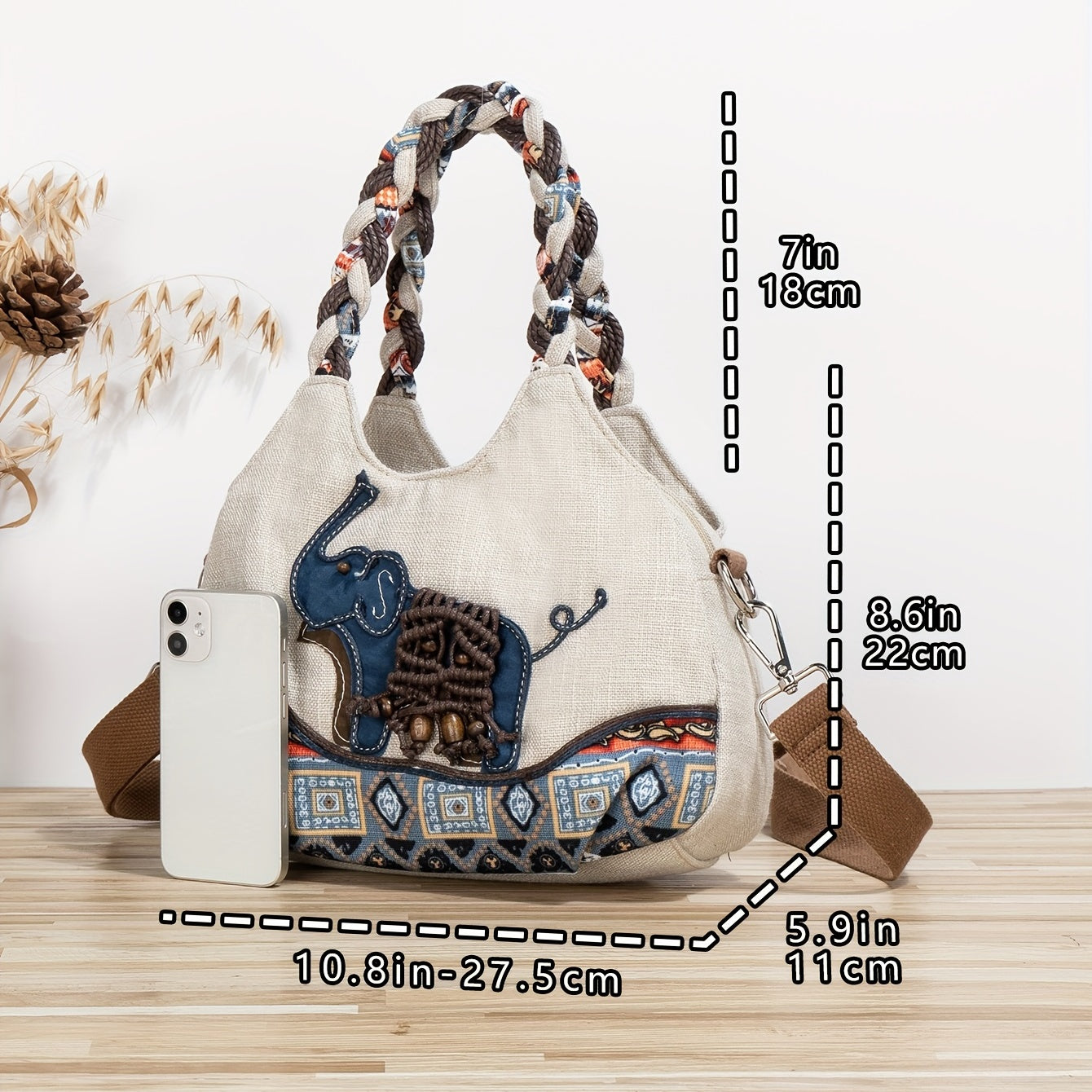 Elephant Pattern Crossbody Bag - Handwoven Casual Shoulder Bag
