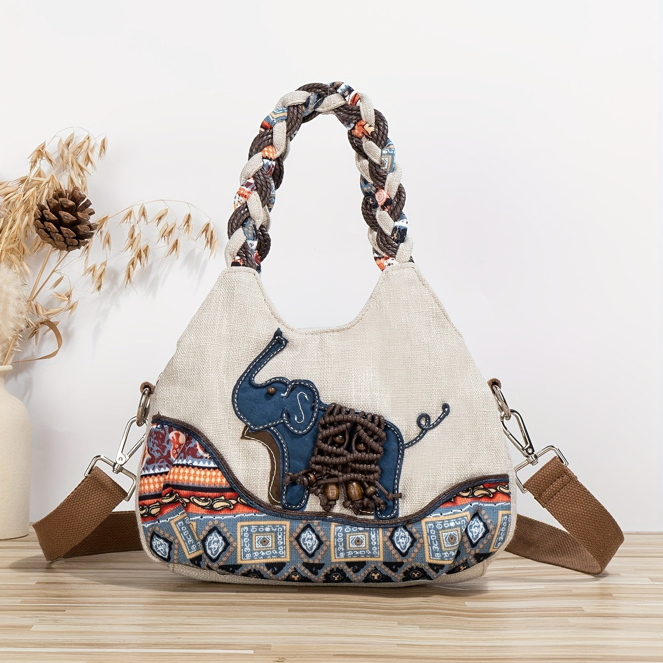 Elephant Pattern Crossbody Bag - Handwoven Casual Shoulder Bag