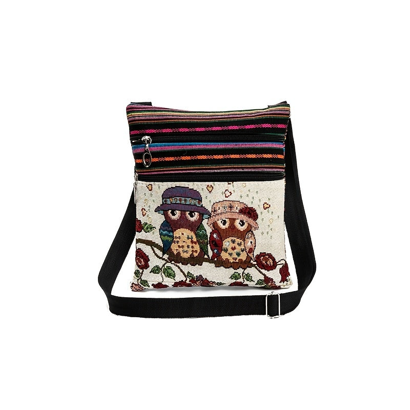 Adjustable Owl Print Shoulder Bag - Casual Portable Embroidered Bag