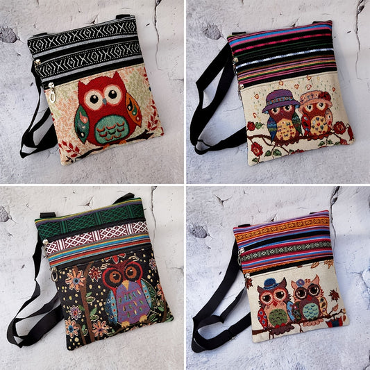 Adjustable Owl Print Shoulder Bag - Casual Portable Embroidered Bag