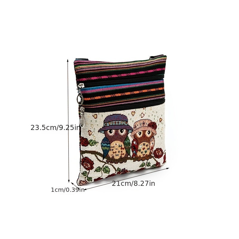 Adjustable Owl Print Shoulder Bag - Casual Portable Embroidered Bag